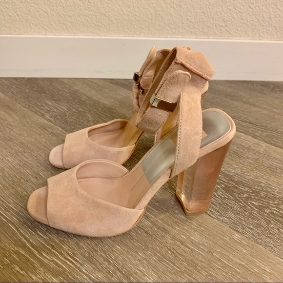 Dolce Vita Peach Nude Genuine Suede Leather Acrylic Clear Lucite Heel Sandals - Picture 8 of 12
